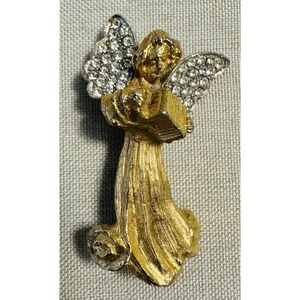 Vintage Benedikt NYC Gold Tone Angel Brooch Rhinestone Wings‎ Figural Pin